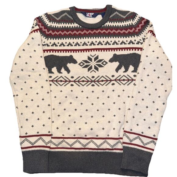 Lands' End Bear Fair Isle Crewneck Women’s Sweater Cream Holiday Winter Small - Picture 1 of 7
